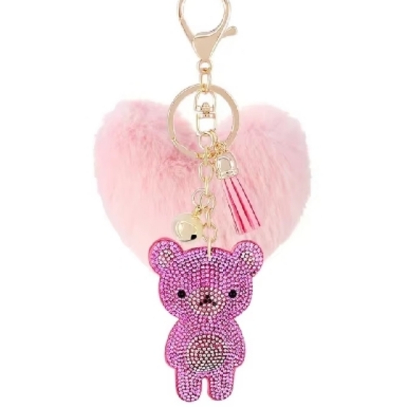 Pink Teddy Bear Tassel Fluffy Pom Pom Rhinestone Keychain Charm - Picture 5 of 5